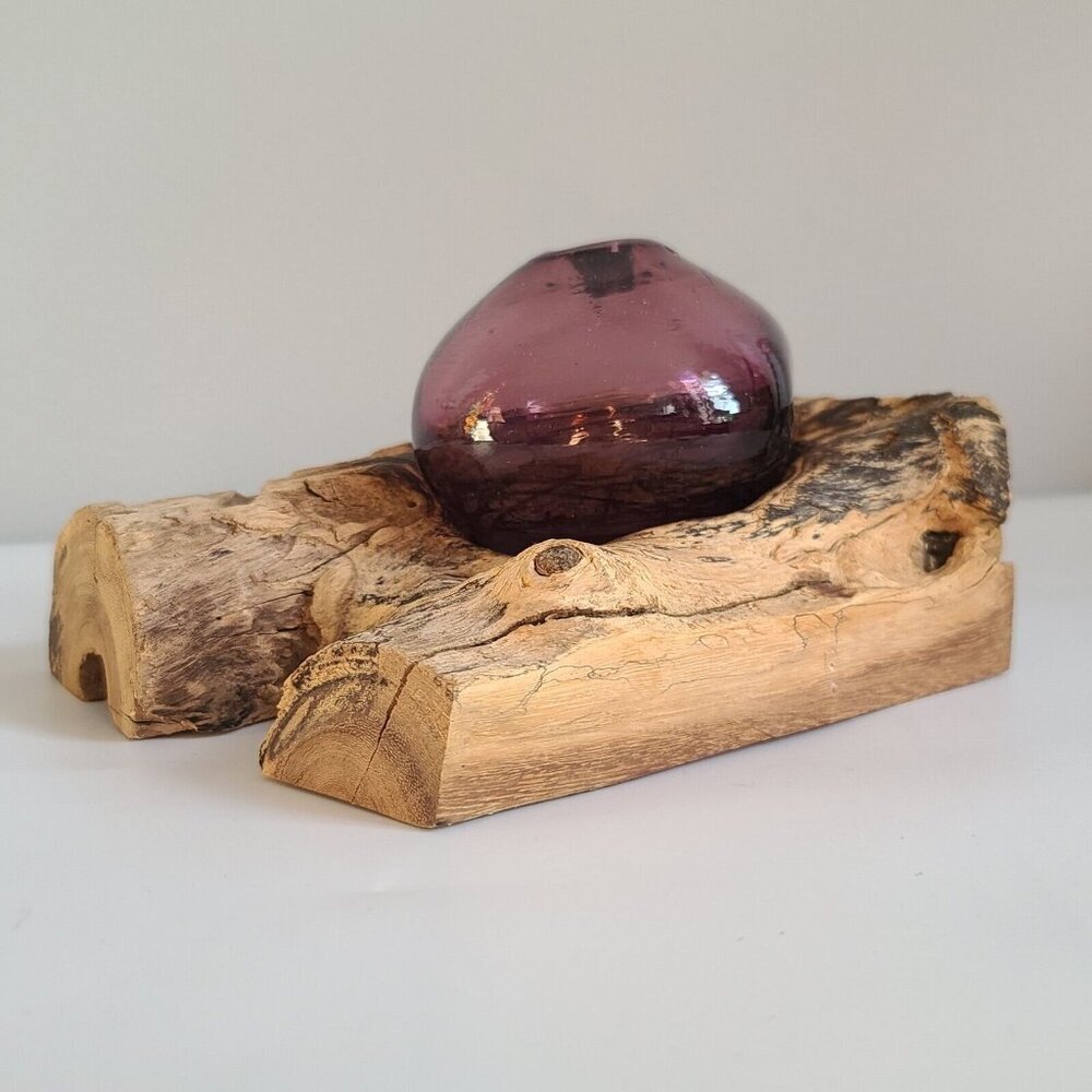 Purple plum vase on driftwood stand artisan handmade mouth blown art glass mcm